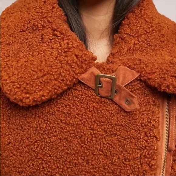 Anthropologie Moto Aviator Bomber Jacket Marrakech Rust Orange Brown Sherpa XS - Picture 3 of 7